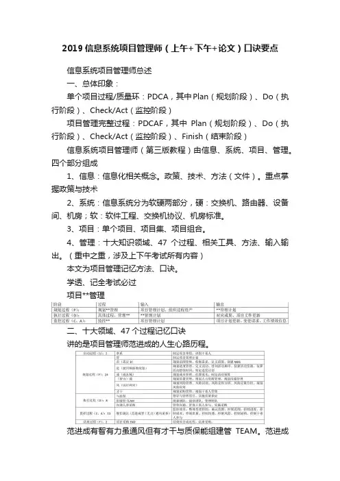 2019信息系统项目管理师（上午+下午+论文）口诀要点