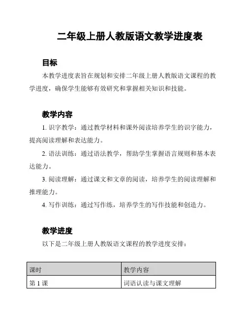 二年级上册人教版语文教学进度表