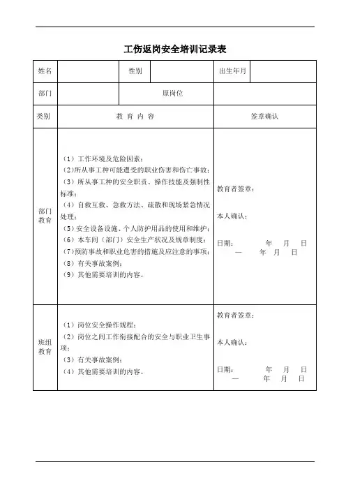 员工工伤返岗安全培训记录表
