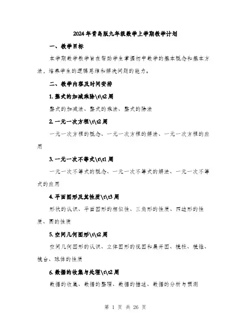 2024年青岛版九年级数学上学期教学计划(6篇)
