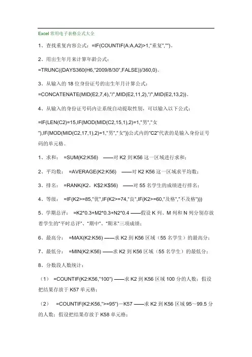 EXCEL表格中公式大全