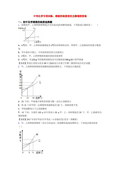 中考化学专项训练：溶液的浓度培优自测卷附答案
