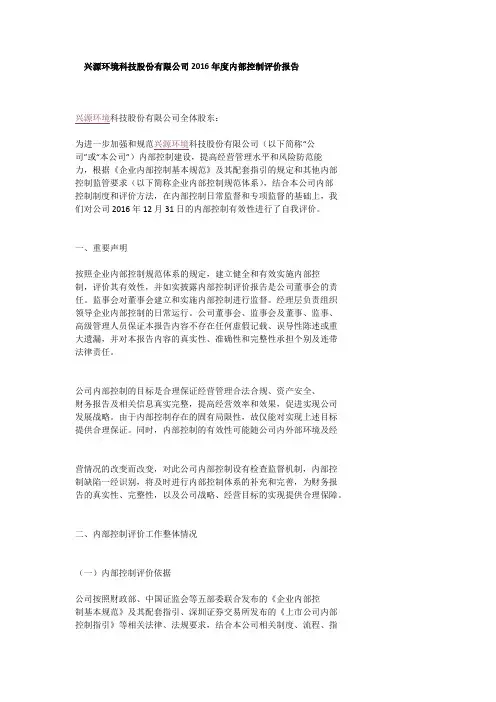 兴源环境科技股份有限公司2016年度内部控制评价报告
