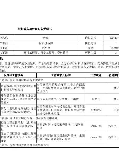 材料设备部经理职务说明书样本