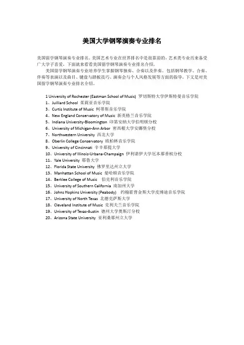 美国大学钢琴演奏专业排名