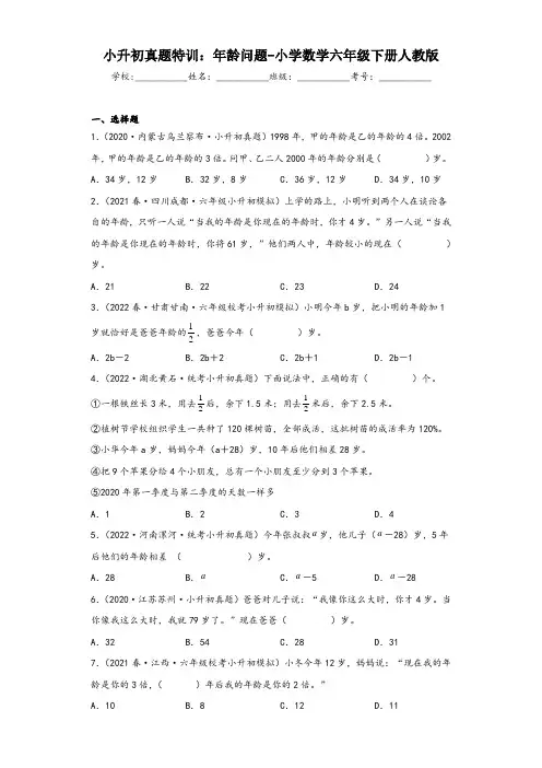 小升初真题特训：年龄问题-小学数学六年级下册人教版