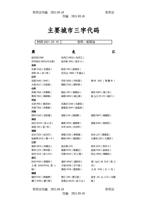 主要城市三字代码(快速记忆)之欧阳治创编