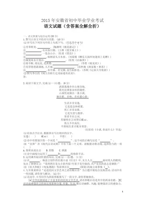 2015年安徽语文中考试卷(试卷+答案)