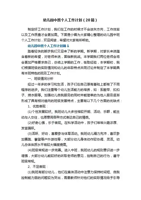 幼儿园中班个人工作计划（通用20篇）