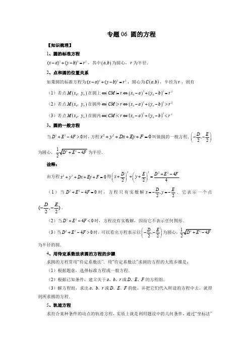 专题06 圆的方程(知识梳理+专题过关)(原卷版)