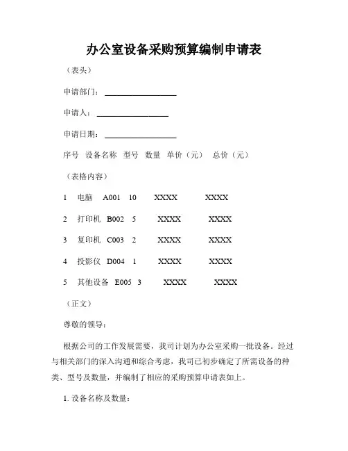 办公室设备采购预算编制申请表