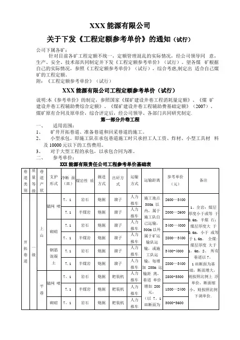 煤矿井巷工程及基建工程定额参考单价