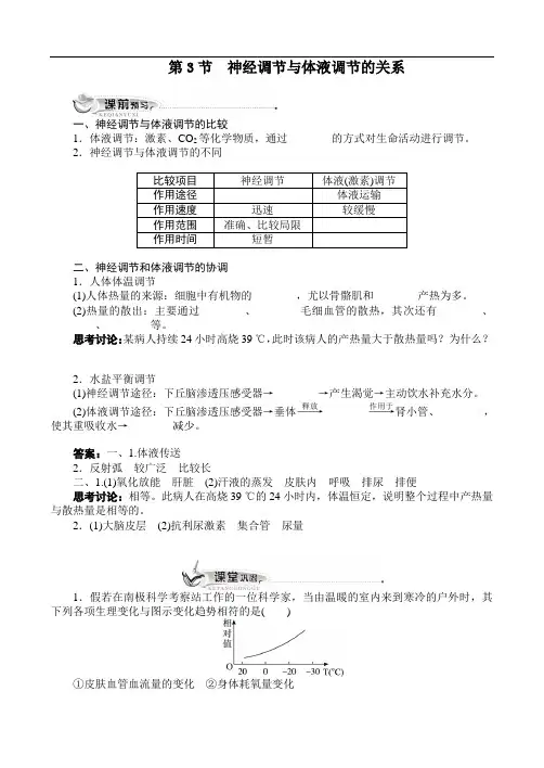 人教课标版高中生物必修3第2章《神经调节与体液调节的关系》同步训练(附答案)