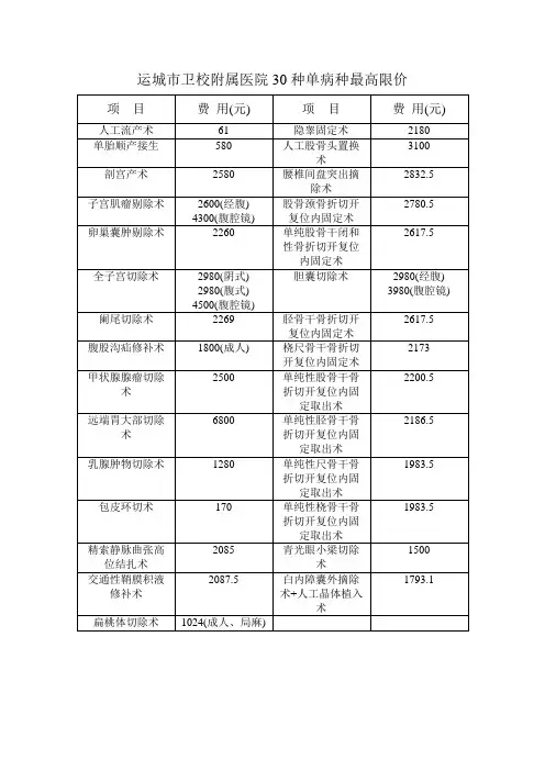 30种单病种限价
