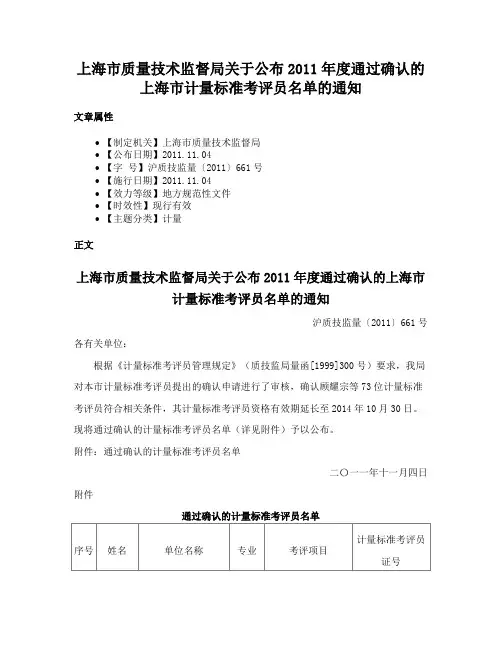 上海市质量技术监督局关于公布2011年度通过确认的上海市计量标准考评员名单的通知