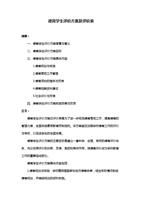 德育学生评价方案及评价表