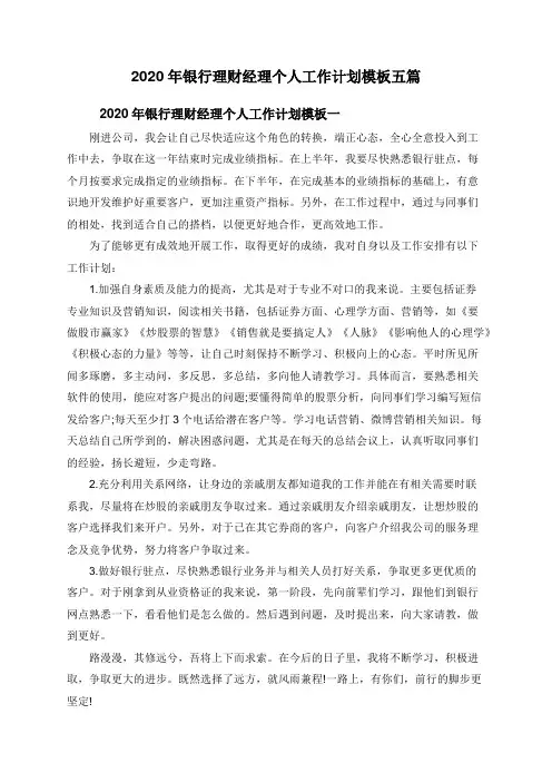 2020年银行理财经理个人工作计划模板五篇