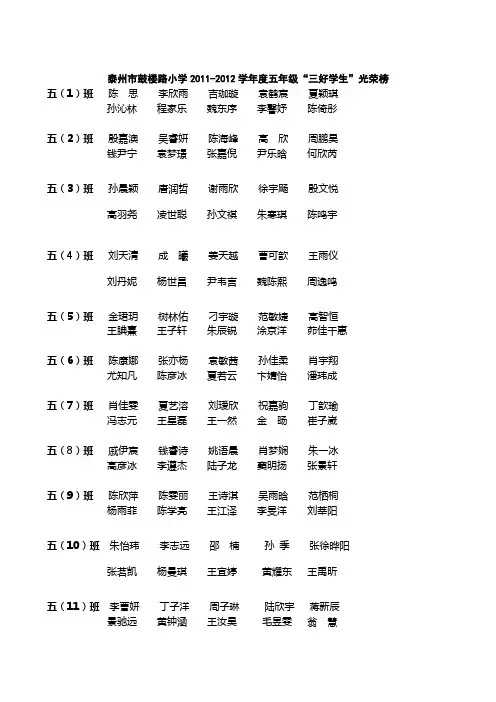 泰州市鼓楼路小学2011-2012学年度五年级“三好学生”光荣榜