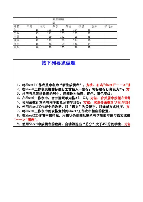 高中计算机会考EXCEL会考练习试题