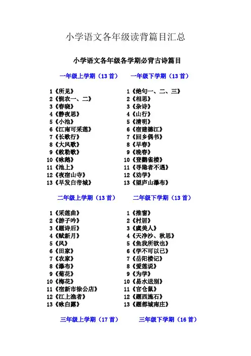 小学语文各年级读背篇目及知识点汇总