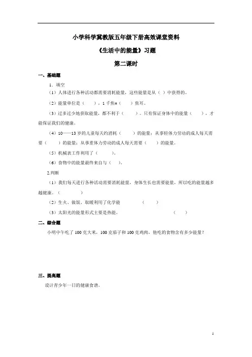 小学科学冀教版六年级上册高效课堂资料《生活中的能量》习题——第2课时