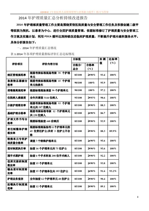 2014年护理质量汇总分析持续改进报告