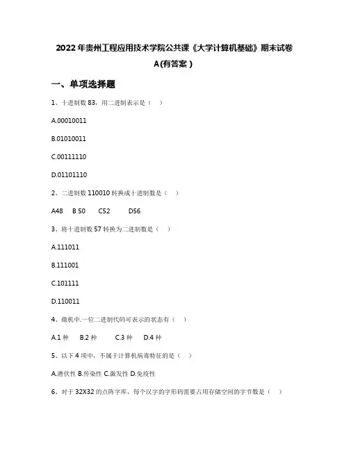 2022年贵州工程应用技术学院公共课《大学计算机基础》期末试卷A(有答案)