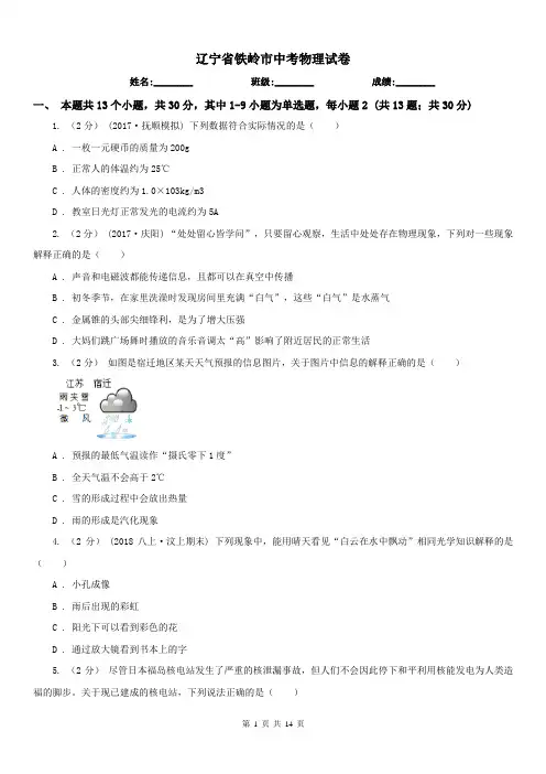 辽宁省铁岭市中考物理试卷