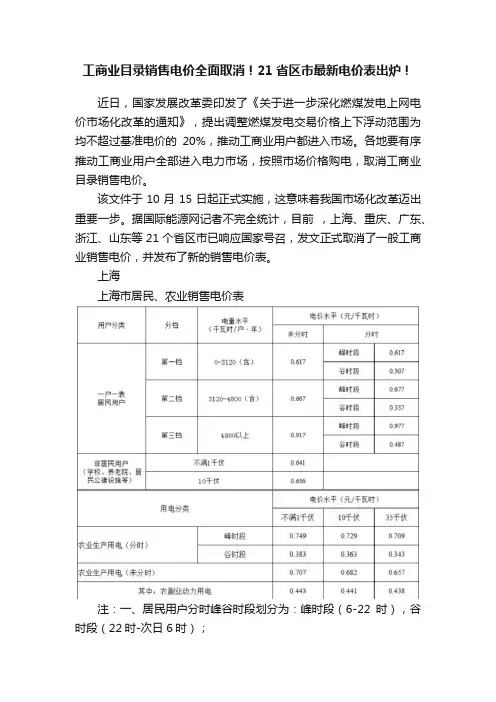 工商业目录销售电价全面取消！21省区市最新电价表出炉！