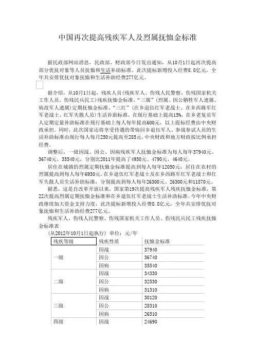 中国再次提高残疾军人及烈属抚恤金标准