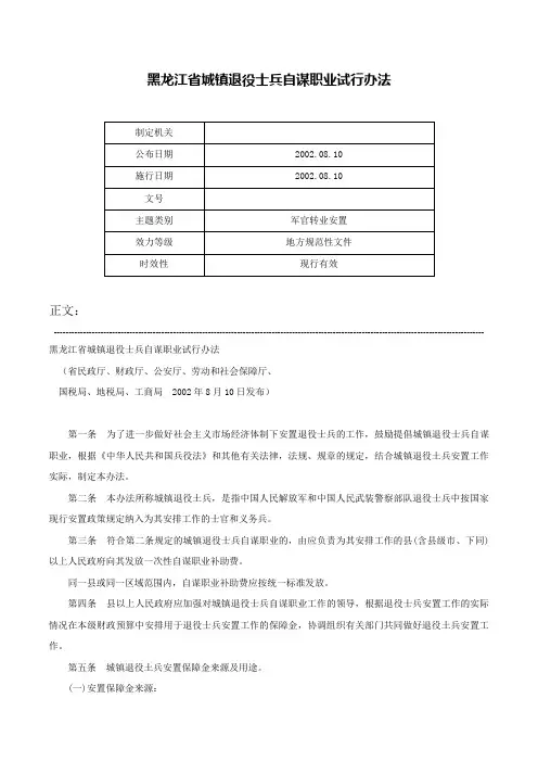黑龙江省城镇退役士兵自谋职业试行办法-