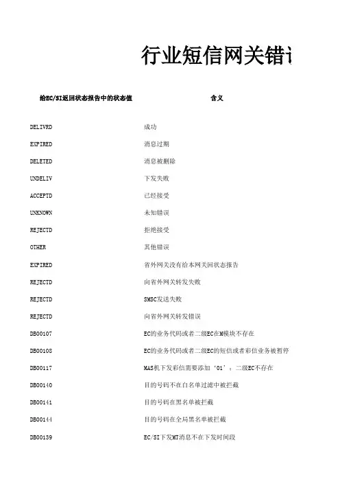 行业短信网关错误码对照表