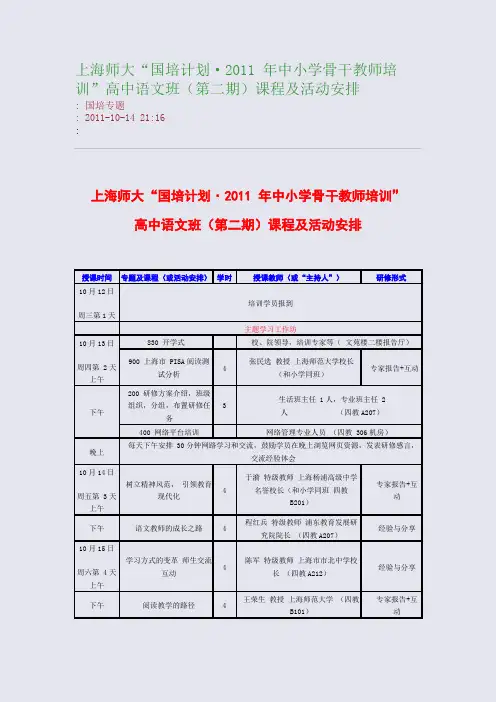 上海师大“国培计划·2011 年中小学骨干教师培训”高中语文班(第二期)课程及活动安排