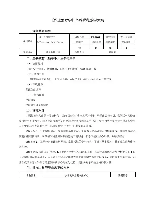 运动康复专业《作业治疗学》教学大纲