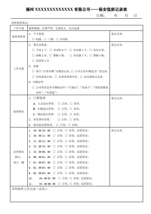 保安值班记录表(夜班)