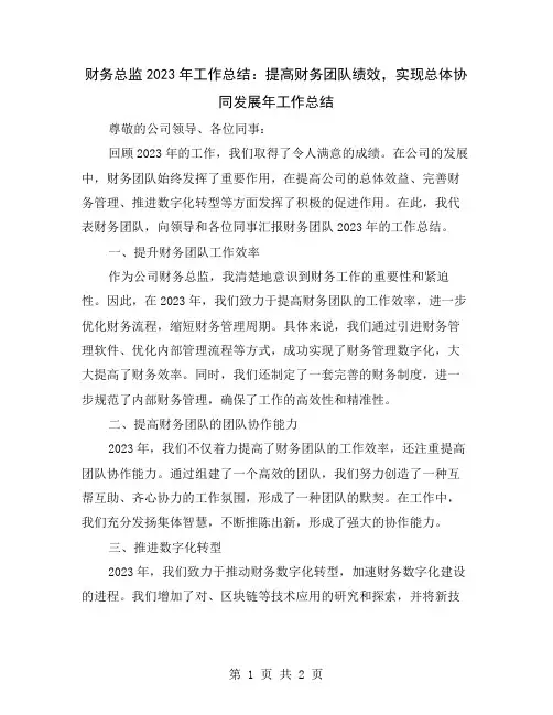 财务总监2023年工作总结：提高财务团队绩效,实现总体协同发展