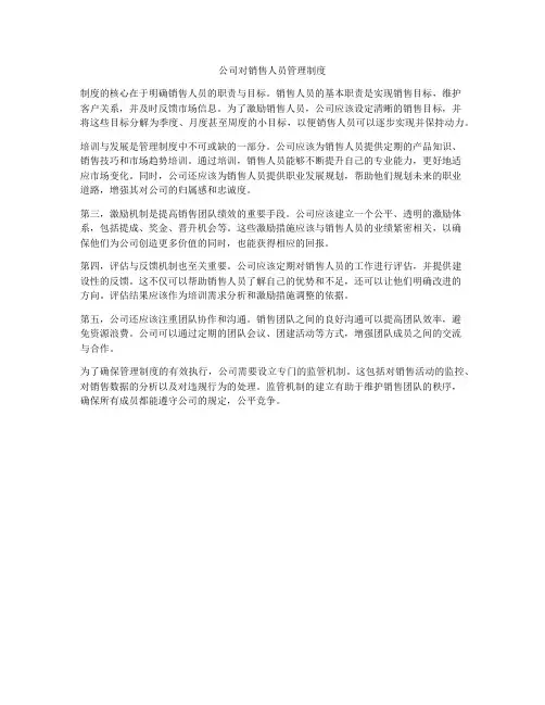 公司对销售人员管理制度