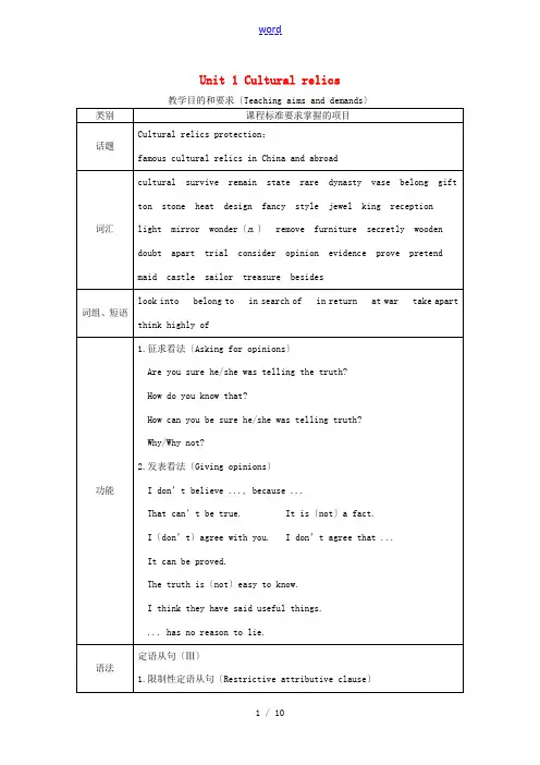 高中英语 Unit1 Cultural relics教案 新人教版必修2-新人教版高一必修2英语教案