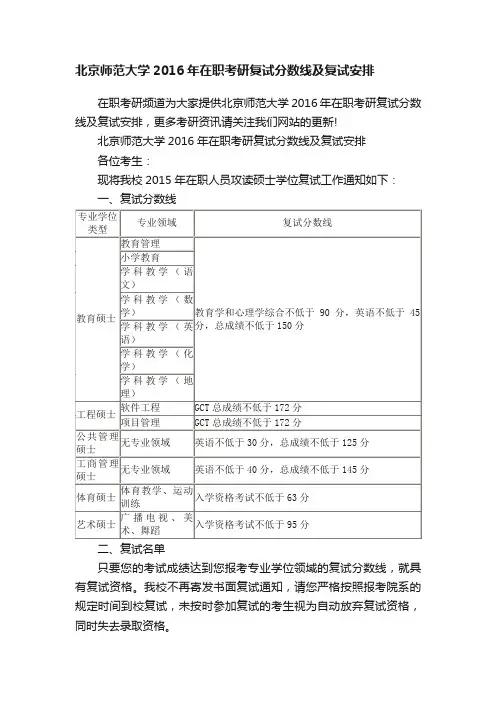 北京师范大学2016年在职考研复试分数线及复试安排