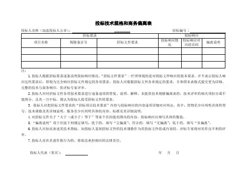 投标技术规格和商务偏离及评分因素对照表