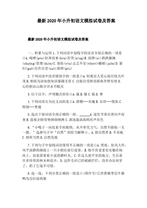 最新2020年小升初语文模拟试卷及答案