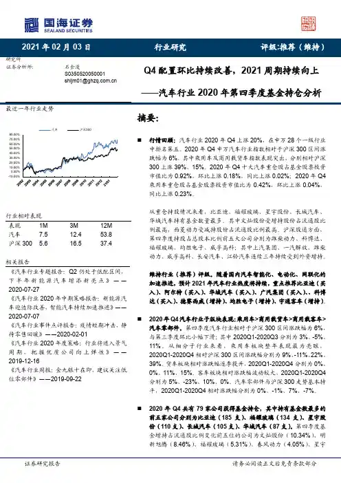 汽车行业2020年第四季度基金持仓分析：Q4配置环比持续改善，2021周期持续向上
