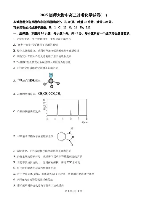 2024-2025学年湖南师范大学附属中学高三上学期月考(一)化学试题及答案