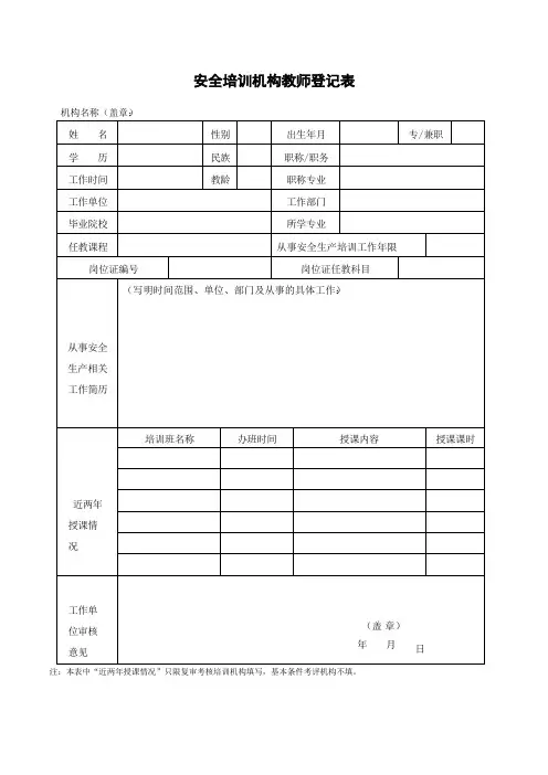 安全培训机构教师登记表