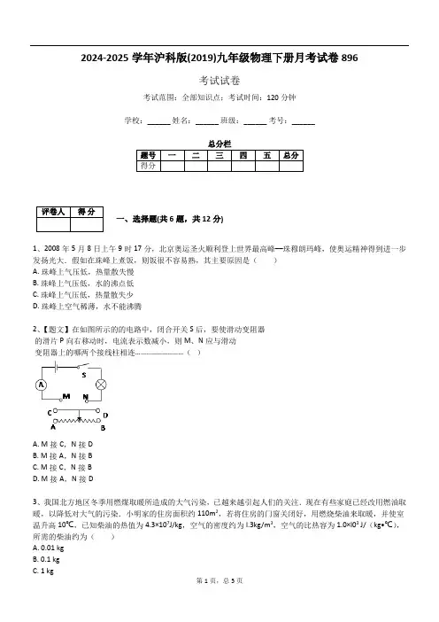 2024-2025学年沪科版(2019)九年级物理下册月考试卷896