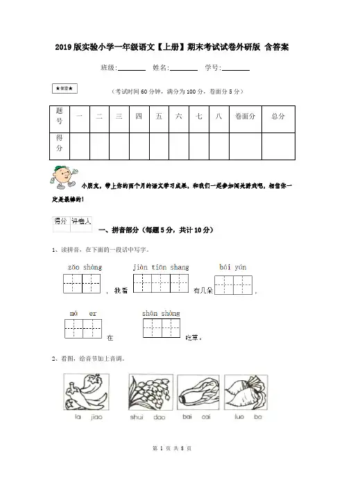 2019版实验小学一年级语文【上册】期末考试试卷外研版 含答案