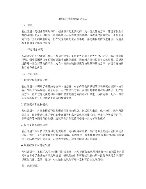 对创业计划书的评定报告