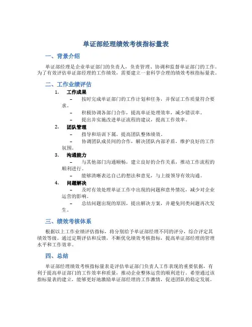 单证部经理绩效考核指标量表