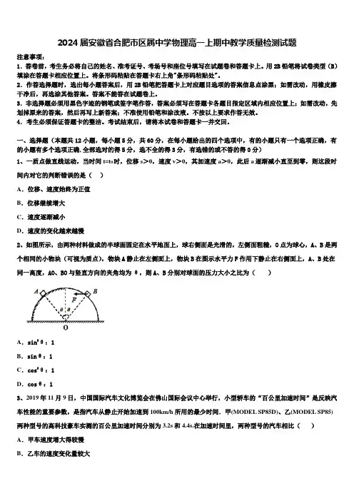 2024届安徽省合肥市区属中学物理高一上期中教学质量检测试题含解析