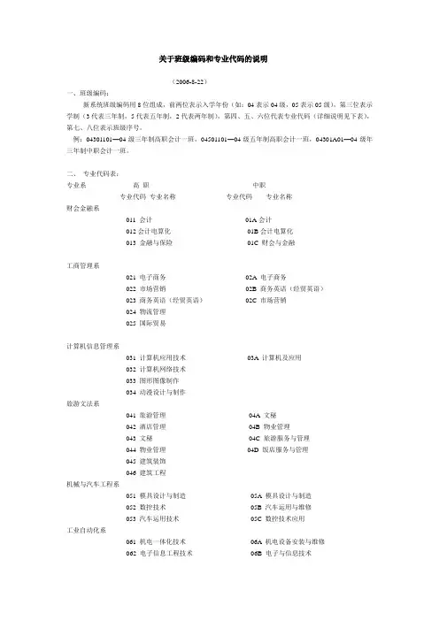 关于班级编码和专业代码的说明